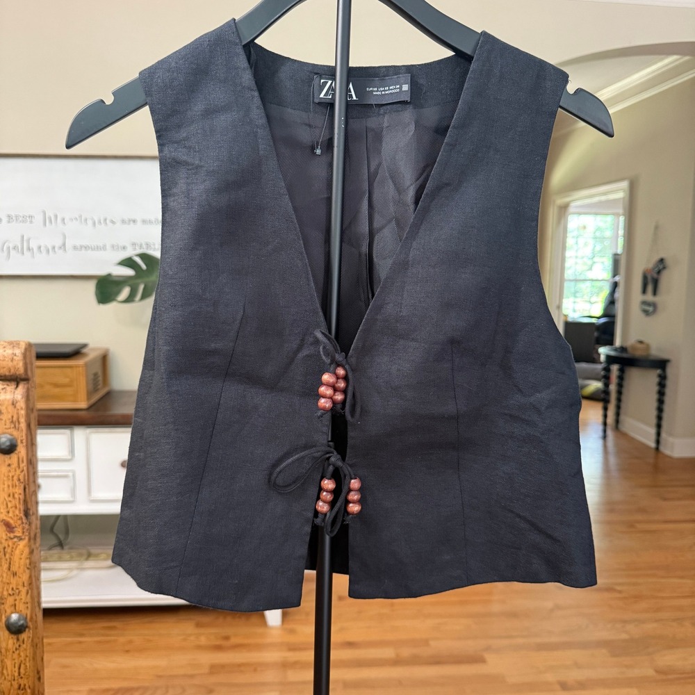 Zara Black 100% Linen Beaded Tie Front Cropped Vest Boho Festival Womens XS